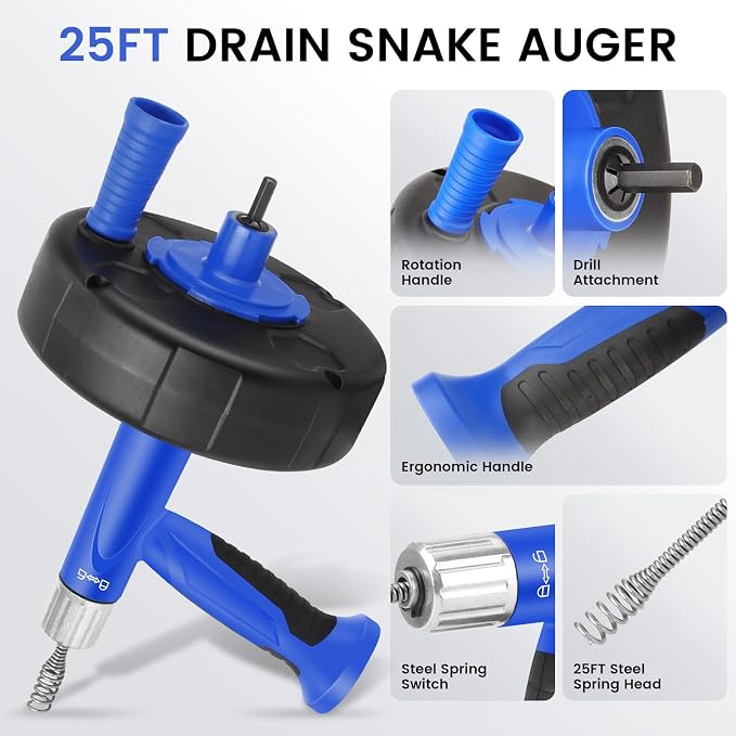 XJX Drain Auger, Plumbing Snake with Drill Adapter, 25FT Flexible Steel Drain Clog Remover, Manual or Powered for Kitchen, Bathroom & Shower Sink, with Gloves and Storage Bag