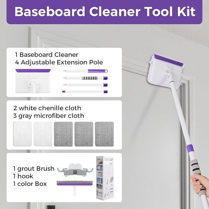 wlich Baseboard Cleaner Tool with Handle 2.0, 60" Extendable Long Handle, Dust Trapping and Locking, 5 Reusable Pads, Purple Base Boards Cleaning Tool for Moldings, Wall, Floor, Bathroom, Kitchen