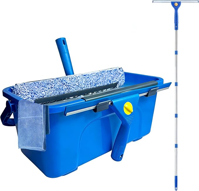 78" Window Cleaning Squeegee Kit with 3-Gallon Bucket, 14" Squeegee and 15" Scrubber, Professional Windows Washing Cleaner Tool for Outdoor, Home, Commercial Use (with Bucket kit)