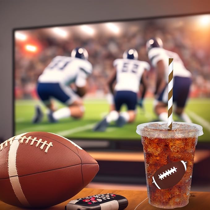 Whaline 50Pcs Football Disposable Plastic Cups with Lids and Straws 12oz Sports Themed Party Cups Cold Beverage Drinking Cups for Sports Team Player Game Day Birthday Party Supplies