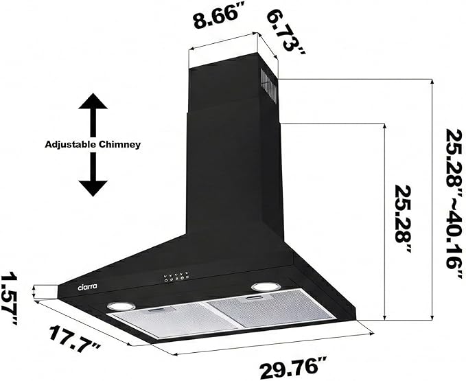 CIARRA Black Wall Mount Range Hood 30 inch 550 CFM Stove Vent Hood with 2 LED Light for Kitchen, 3 Speed Fan, Ducted & Ductless Mode, Push Button, Easy to Install, CAB75206P-N