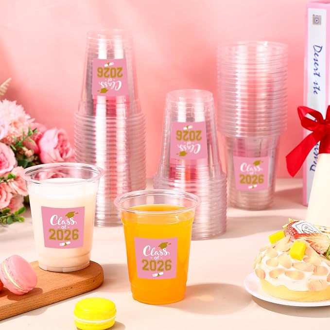 Amyhill 60 Pack 12oz Graduation Cups 2026 Graduation Decorations Disposable Plastic Cups Sturdy&Durable Drinkware for Class of 2026 Decorations Congrats Grad Party Favors Supplies (Pink)