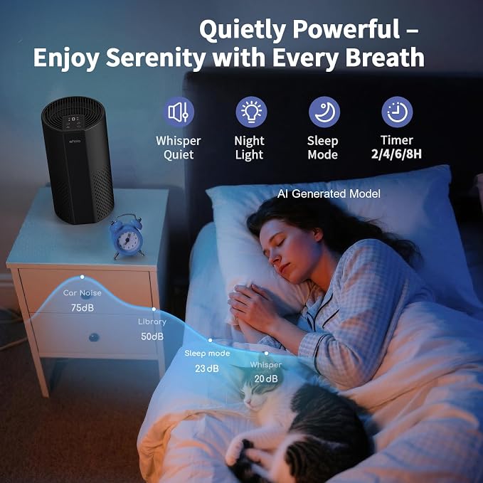 Afloia Air Purifier for Home, 4-in-1 Washable Filter for Allergies, Covers Up to 1076 ft², Quiet Operation, Auto Shut-Off & Night Light, Removes Pet Dander, Pollen, Dust, Mold, and Smoke,Black