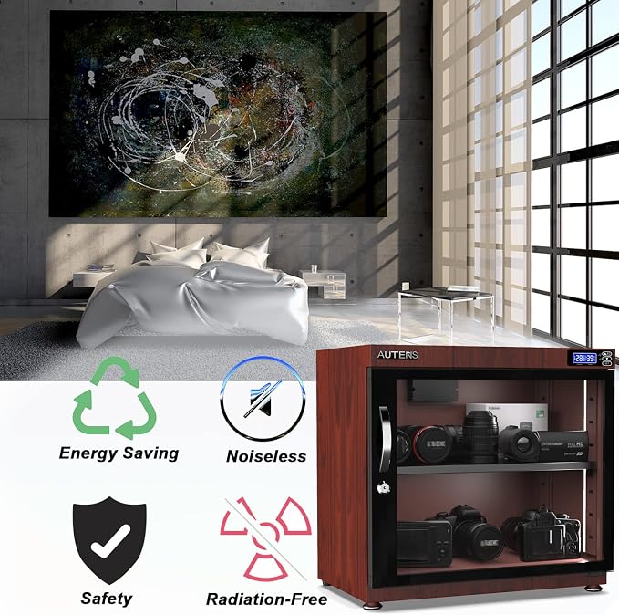 80L Dehumidifying Dry Cabinet Box, Wood grain Design Digital Control Noiseless and Energy Saving, for Camera Lens and Electronic Equipment Storage,Temperature Humidity LED Dual Screen
