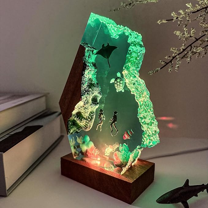 Scuba Diving Resin Ocean Lamp,Handmade 3D Ocean Night Light With Woodden Base,Variable Lights, Scuba Diver Gifts,Diving Enthusiast Collectibles, Unique Birthday Holiday Gifts for Men & Women (L12"x8")