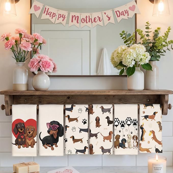 Hahafelt 6 Pack Dachshund Kitchen Towels 24x14 Inch Dachshund Gifts for Women Mom Funny Weiner Dog Kitchen Bathroom Decor Puppy Absorbent Tea Hand Dish Towels Decorative for Women Mother's Day