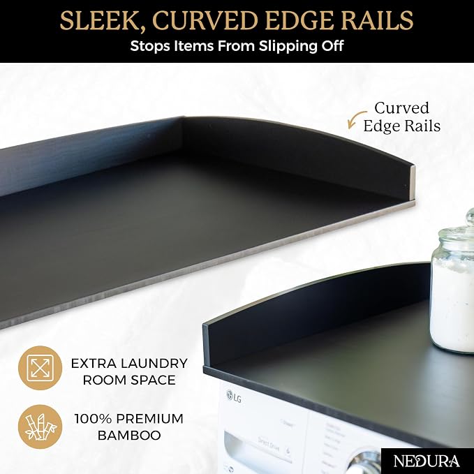Nedura Washer Dryer Countertop w/Anti-Vibration Pads & Curved Edge Rails, Premium Bamboo Laundry Countertop, Washer Dryer Topper, Laundry Room Organization, Laundry Accessory, Designed in USA - Black