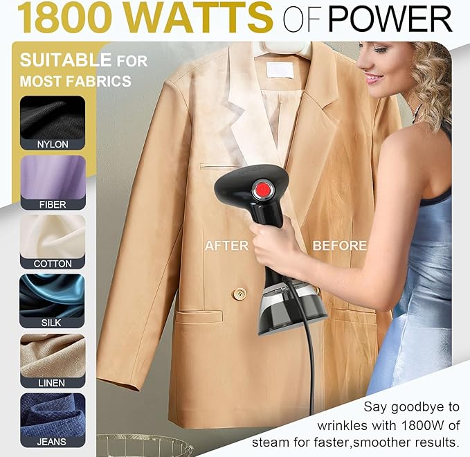 Steamer for Clothes, 1800W Handheld Clothes Steamer with 3 Steam Settings, Fast Heat-Up Clothing Steamer for Wrinkle Removal, 380ml Water Tank, 9.8' Cord Portable Hand Steamer for Home and Travel