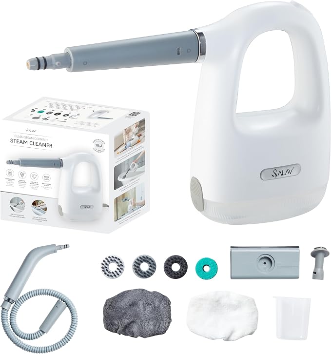 SALAV® CleanSteam Compact Steam Cleaner Pressurized Multi-Surface Handheld Steamer w/11pc Accessories, Safety Lock No-Drip Fast Heat Time Unlimited Use, for Cleaning Windows, Tiles, Grout, Car (White)