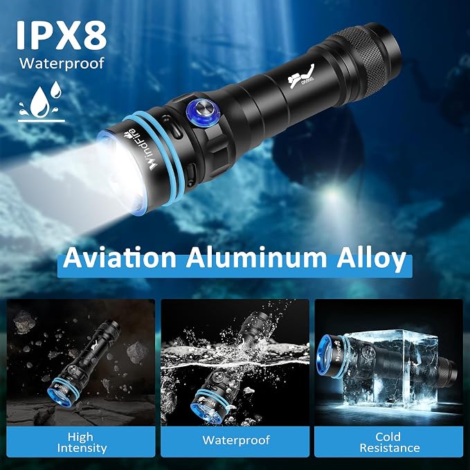 WINDFIRE Scuba Diving Flashlight - Super Bright LED Dive Light, IPX8 Waterproof 50 m Underwater Torch with 4 Modes & Narrow Focus Beam for Night Diving & Snorkeling