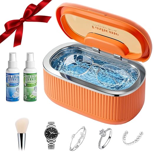 Ultrasonic Jewelry Cleaner Machine with 2×100ml Cleaning Solution, 45kHz Sonic Cleaner for Rings, Glasses & Watch Band, 550ML Stainless Steel Tank, 5 Timer, 3 Power Levels, Degas Mode-Orange