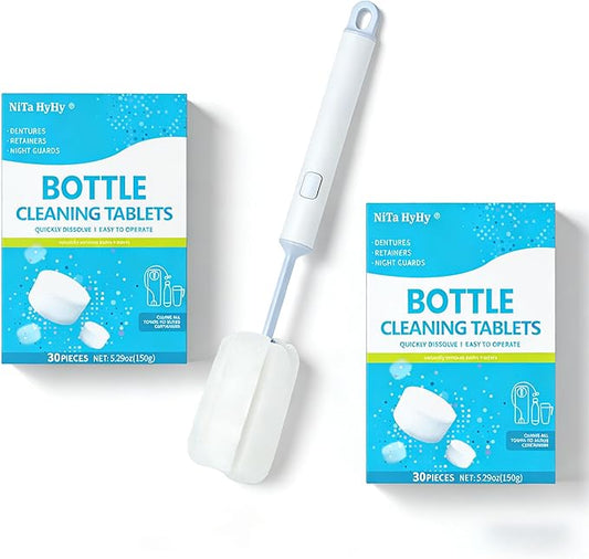 Bottle Brush and Bottle Cleaning Tablets, Long-Lasting, Non-Slip Handle, Durable, Reusable;Thermos Cleaning Tablets,Stainless Steel Cleaner,for Hot Water Bottle,Coffee Pot,Glass,Tumbler,60 pc
