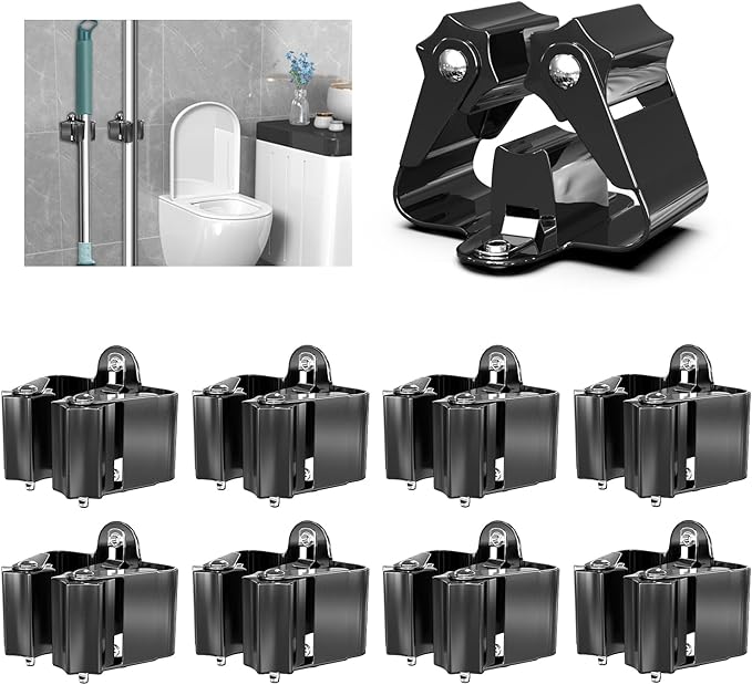 3-H Stainless Steel Broom Holder Wall Mount 8 Pack, Heavy Duty Mop and Broom Organizer with Screws, Tool Storage Rack for Kitchen, Laundry, Bathroom, Garage, Garden Shed,Black