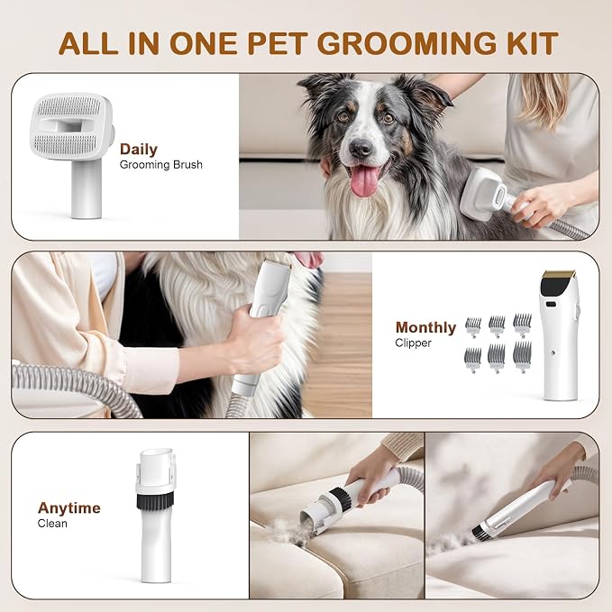 Dog Grooming Vacuum, Dog Grooming Kit, 3 Suction Modes Dog Brush Vacuum with 5 Pet Grooming Tools (Ivory)