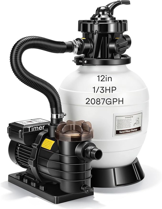 VIVOHOME Upgraded 2087 GPH Sand Filter Pump w/Timer, Fits in/Above Ground Pool Up to 10,000 Gallons, 7-Way Valve with 28.7-Pound Sand Capacity