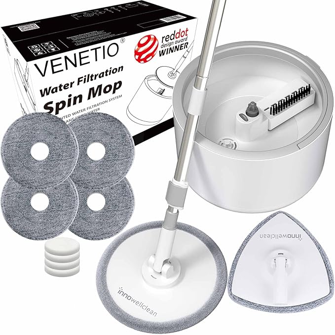 VENETIO Innowellclean Water Filtration Spin Mop and Bucket Set for Floor Cleaning - Self-Wringing, Wet/Dry, Reusable & Washable Microfiber Mop System for Hardwood, Laminate (5 Pads & Triangle Head)