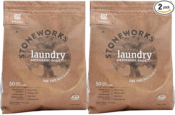 Grab Green Stoneworks Laundry Detergent Pods, 100 Count, Oak Tree | EPA Safer Choice; Plant & Mineral-Based; Fights stains; Eliminates odors; Softens naturally; No Harsh Chemicals