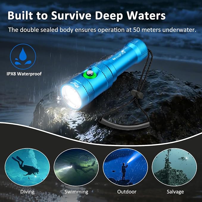 WINDFIRE Scuba Diving Light – Super Bright Diving Flashlight with 3 Modes & Power Indicator, IP68 Waterproof Rechargeable Underwater Torch for Scuba Diving, Snorkeling, and Underwater Exploration