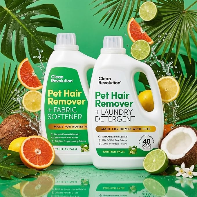 Clean Revolution Pet Hair Remover for Laundry 2-Pack – Removes Dog & Cat Hair Over Time – Enzyme Laundry Detergent & Fabric Softener, Odor Eliminator, Tahitian Palm, 40 oz Each