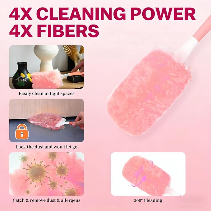Pink Duster Refill for Swiffer Duster, 50 Count Disposable Dusters Kit for Cleaning Dusting Furniture Blind Ceiling Fan, Multi Surface 360 Feather Duster + 3FT Extended Handle + 1 Handle