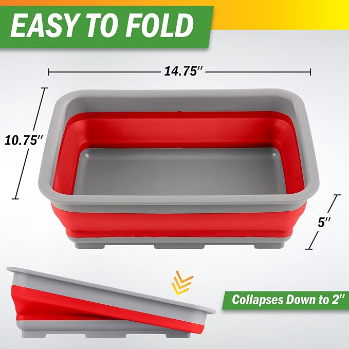 Collapsible Cleaning Caddy - Portable Multi-use Wash Basin, Dish Tub, or Ice Bucket with 7.27L Capacity for Camping and Tailgating by Wakeman (Red)