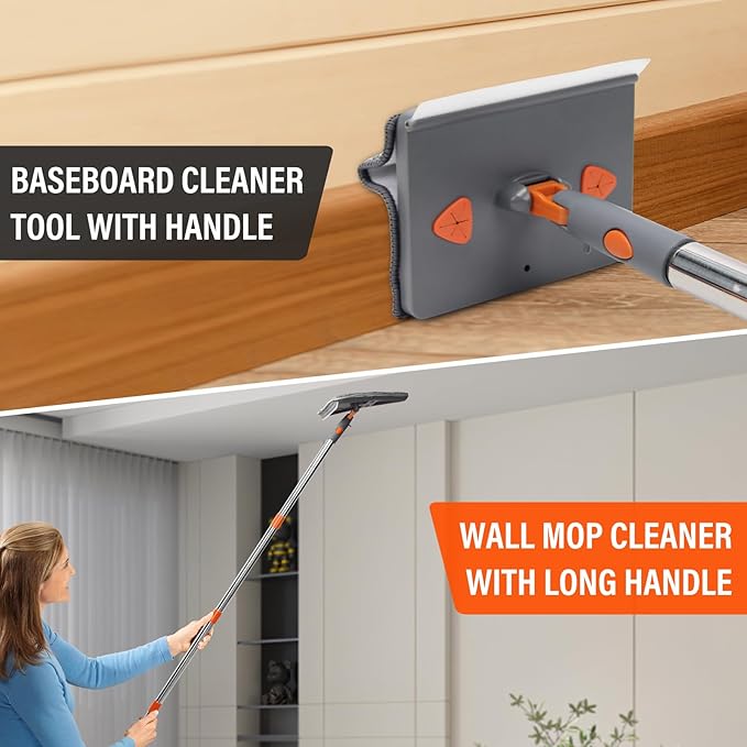 Wall Cleaner Mop with Long 86" Handle,Baseboard Cleaner Tool with Handle,180° Folding Ceiling Tool Duster with Squeegee,360 Rotatable Wall Mop,10 Replacement Pads for Cleaning Baseboard,Window