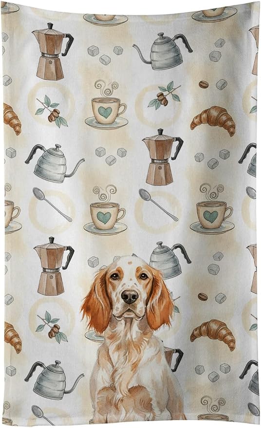 Caroline's Treasures Orange Belton English Setter Coffee Bar Kitchen Towel Velour Plush Front and Cotton Loop Back Machine Washable