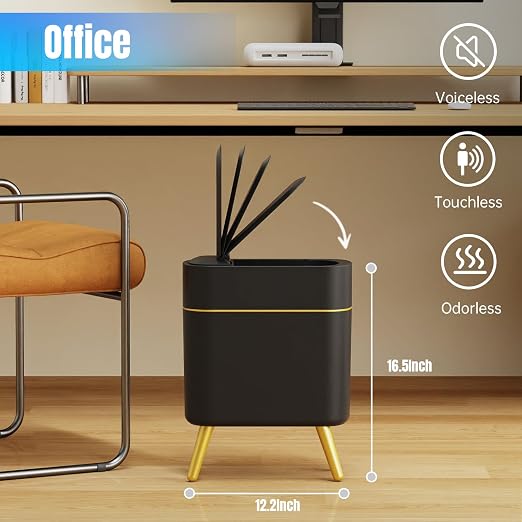 Yatmung 2 Pack - Automatic Bathroom Trash Can with Lid 2.5 Gal Smart Bathroom Trash Can Automatic Touchless - Bedroom, Office, Kitchen, Living Room - Motion Sensor Garbage Can - Black with Gold Legs