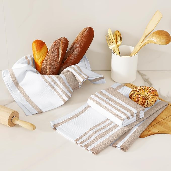Homaxy Premium Kitchen Towels 18”x 28”, Large Cotton 380 GSM Kitchen Hand Towels, Stripe and Terry Dish Towel, Highly Absorbent Tea Towel Set with Hanging Loop, 3 Pack, Khaki