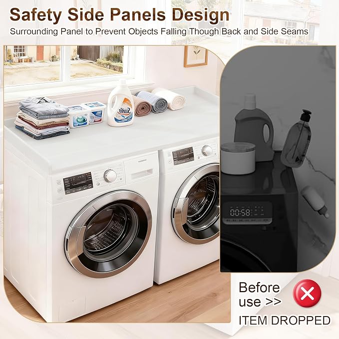 Washer Dryer Countertop, HDPE Laundry Countertop with Edge Rails, No-Installation-White