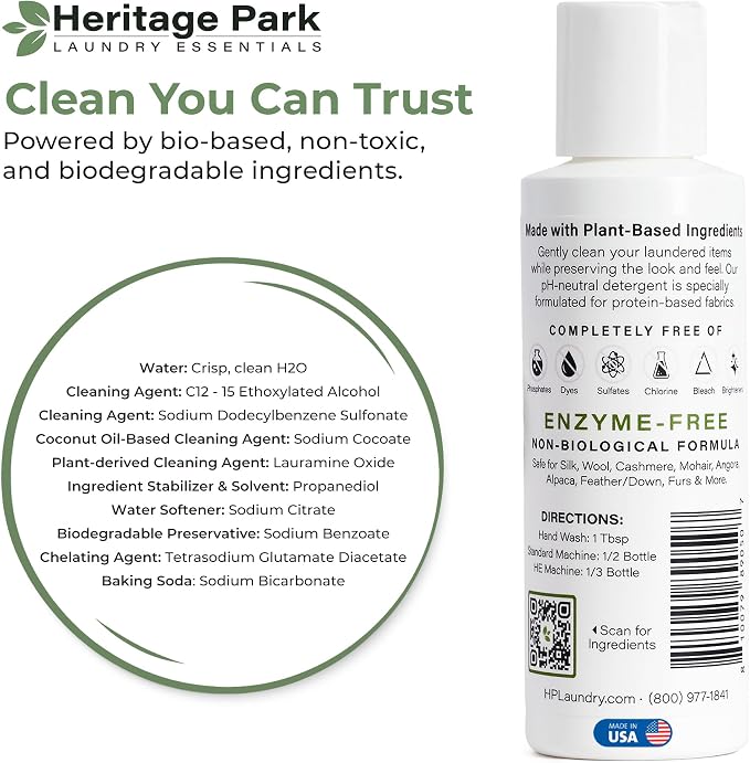 Heritage Park Silk & Wool Fragrance Free, Hypoallergenic, pH-Neutral Laundry Detergent - Dermatologist-tested, Sensitive Skin-Friendly, Enzymes-Free, Ultra Concentrated (4 Fl Oz)