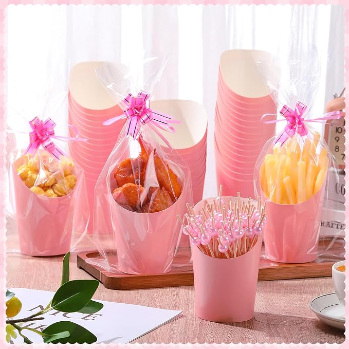 Bokon 100 Set 14 oz Charcuterie Cup with Stick and Bag, Disposable French Fries Snack Popcorn Dessert Fruit Holder for Birthday Wedding Graduation Party Supplies(Pink)