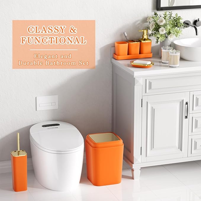 XLHOMO Bathroom Set - Orange Bathroom Sets with Shower Curtain and Rugs, 24PCS Shower Curtain Set with Hooks, Soap Dispenser, Soap Dish, Toilet Brush Holder and Trash Can for Housewarming