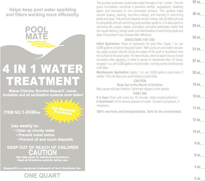 Pool Mate 1-Quart Concentrated 4-In-1 Water Treatment, Pool Clarifier, Made in USA