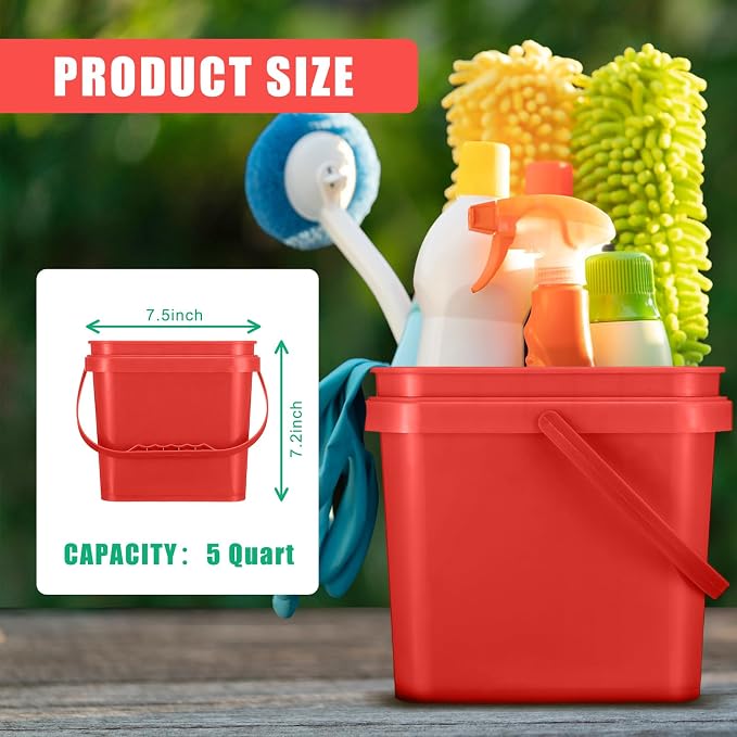 Jingmore 4 Pcs Plastic Bucket 5 Quart Square Bucket Utility Small Pail with Handle Sturdy Pail Organizer for House Cleaning Storage Livestock Feeding Car Washing Food Storage, No Lids(Red)