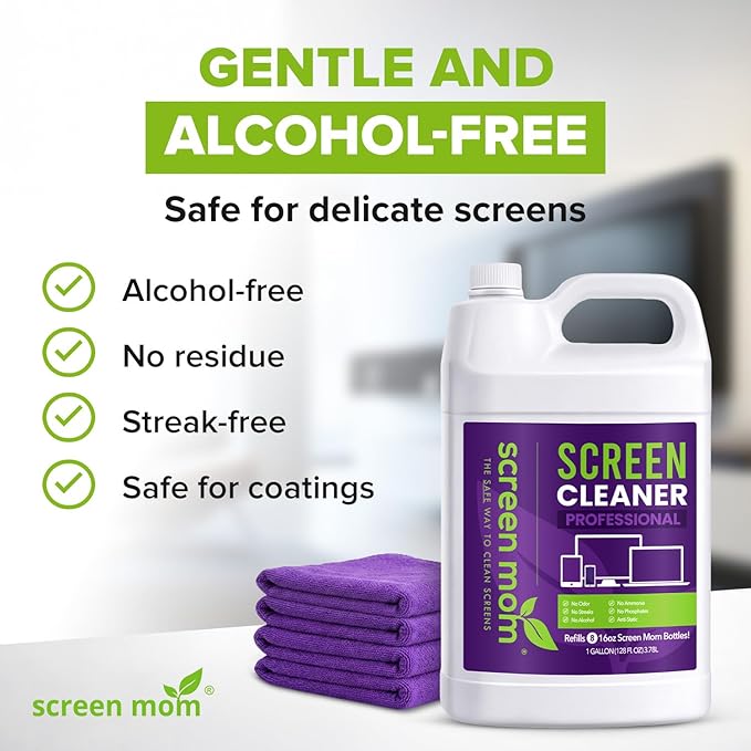 Screen Mom Cleaning Kit - 1 Gallon Screen Cleaner Spray Refill and 4 Pcs Purple Microfiber Cloth, TV Cleaner Spray and Cloth Set for Laptop, Phone, iPad, Car and Computer Cleaning Kit Electronic