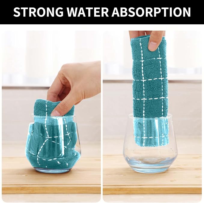 Homaxy Kitchen Towels and Dishcloths Set, 12 x 12 and 13 x 28 Inches, Set of 12 Bulk Cotton Terry Kitchen Towels Set, Checkered Designed, Soft and Super Absorbent Dish Towels, Lake Blue
