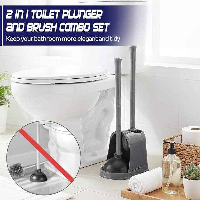 Reallnaive 4 Set Toilet Plunger and Brush Set with Ventilated Holder 2 in 1 Toilet Bowl Brush and Heavy Duty Plunger Combo Bathroom Cleaning Kit for Home and Commercial Bathrooms Drainage (Gray)