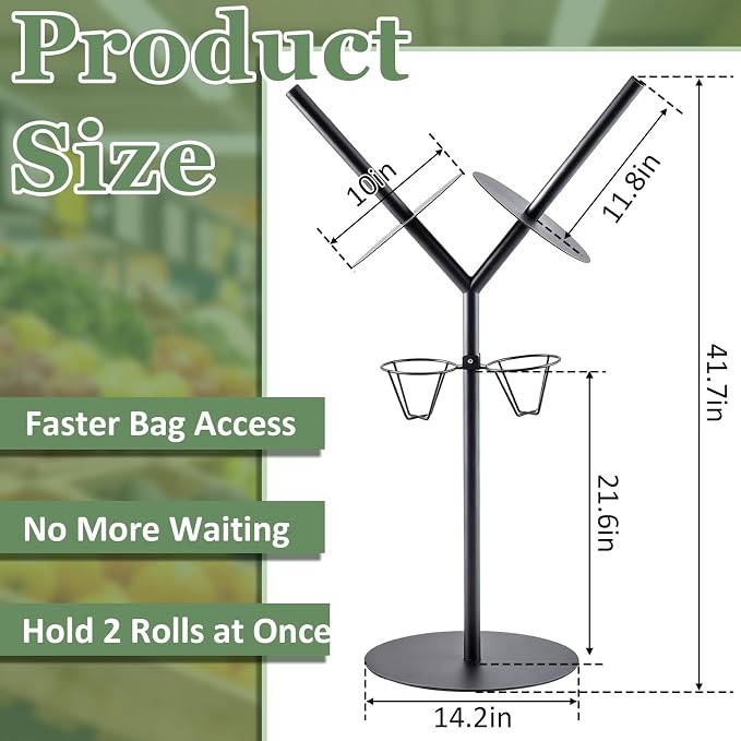 Zonon Dual Roll Grocery Roll Bag Holder Floor Standing 41 Inch Produce Bag Dispenser with Twist Tie Cup Organizer Black Straight for Supermarket Grocery Kitchen Storage