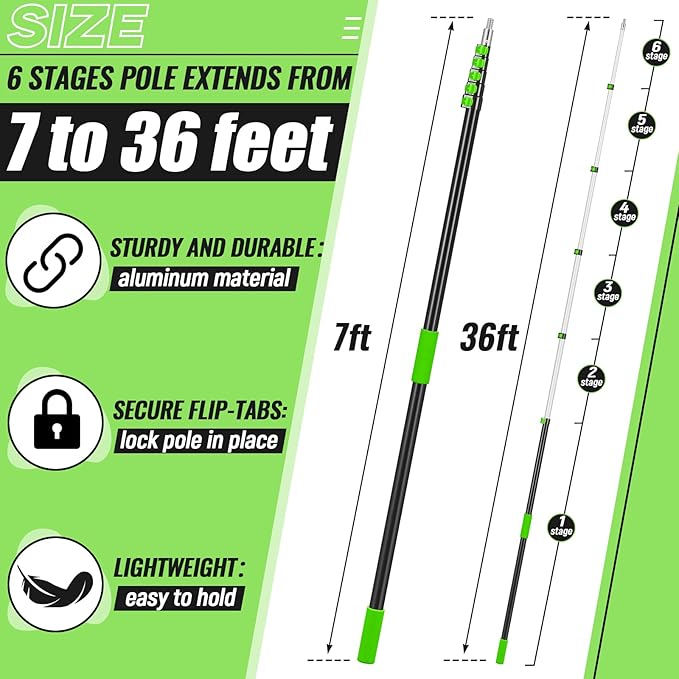 7-36 ft Telescopic Extension Pole with Utility Hook, Multi-Purpose Aluminum Pole for Painting, Dusting and New Year Window Cleaning Christmas Lights Installation Without a Ladder(Green)