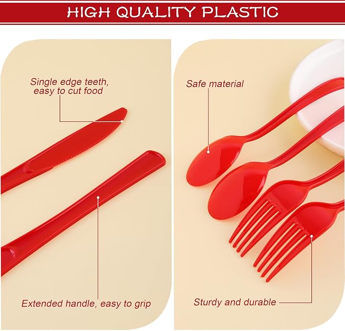 Kochorie 300 Pieces Graduation Red Plastic Silverware Heavy Duty Plastic Cutlery Set Heavyweight Disposable Flatware Includes Spoons Forks Knives for Party Prom Night Wedding Dinner