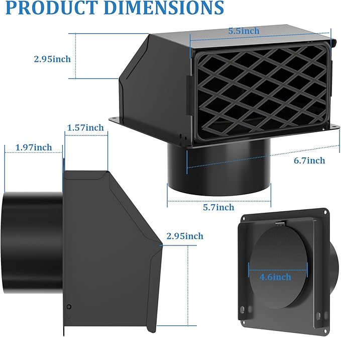 4 inch Dryer Vent Cover Outdoor,Wall Vent Cover for Dryer Outside with Rubber Cushioned Non Return Flap - Galvanized Steel Exhaust Vent Cover External Cap for Dryer Ducting/House/Range Hood/AC Black