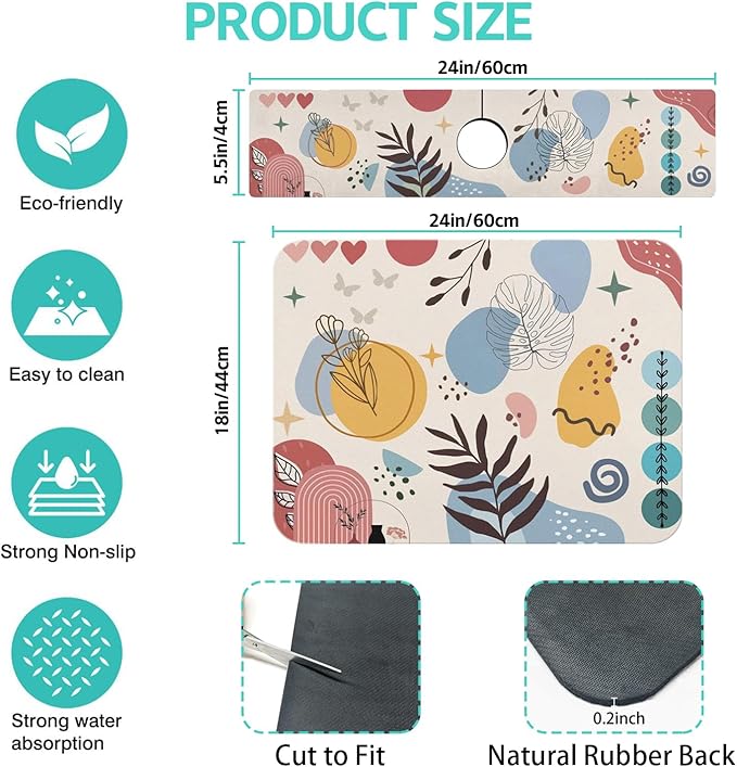 Dish Drying Mat for Kitchen Counter Matt, 2PCS 24"x18" Dish Drainer Mat & 24"x5.5" Sink Splash Guard, Super Absorbent Non-slip Rubber Backed