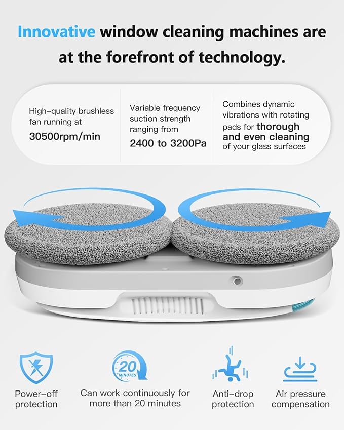 Window Cleaning Robot - 2400-3200Pa Suction, Dual Ultrasonic Spray, 85ml Tank, Edge Detection, Anti-Drop, 3 Cleaning Modes for Streak-Free Glas (White)