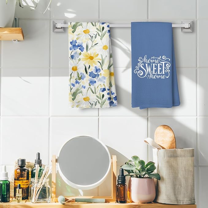 Summer Daisy Floral Kitchen Towels Set of 4, Daisy Lover Gifts Dish Hand Towels Decorations, Blue Farmhouse Seasonal Watercolor Flower Towel for Kitchen Bathroom Decor, 16 x 24 Inch