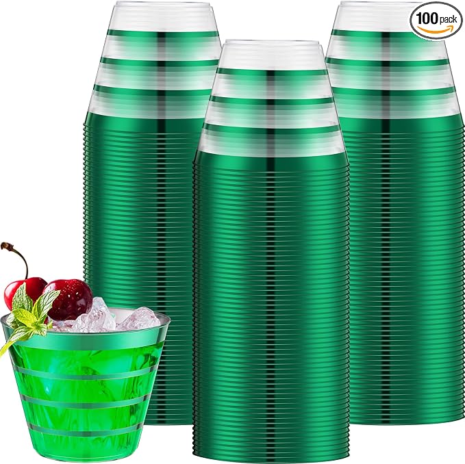 Gejoy 9 oz 100pcs St Patricks Day Rimmed Stripe Plastic Cups Bulk Disposable Wine Hard Plastic Drinking Cocktail Cups Tumblers for Wedding Gathering Party Supplies(dark Green