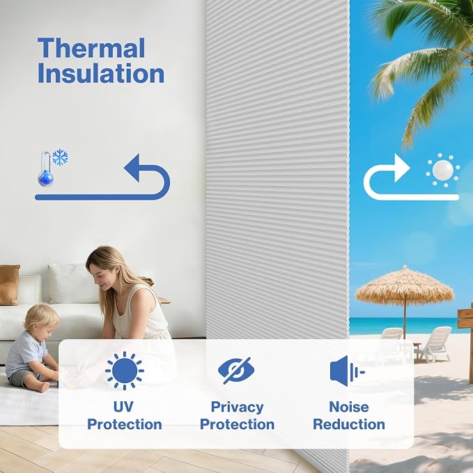 No Drill Cellular Shades, Light Gray 36" W x 64" H Cordless Light Filtering Pull Down Pleated Honeycomb Blind Thermal Insulated Easy Install for Indoor Window Bedroom Living Room Kitchen