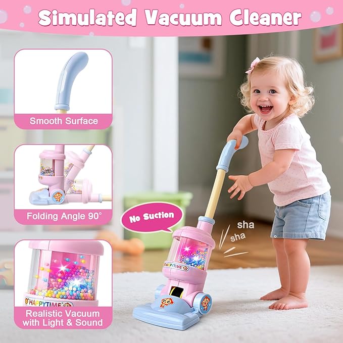 TUZT Kids Cleaning Toys Playset for Ages 2-4, Compact 6-Piece Pretend Vacuum with Light & Sound (No Suction), Animal Broom Mop Set for Toddlers, Apartment-Friendly Educational Role Play Gift
