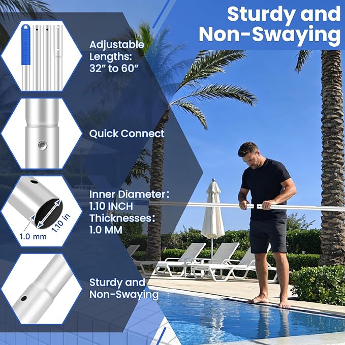 Swimming Pool Cleaning Kit - Includes Pool Skimmer Net, 18" Pool Brush with 5ft Adjustable Pole, Pools Maintenance Kits for Inground & Above Ground Swimming Pools, Removes Debris