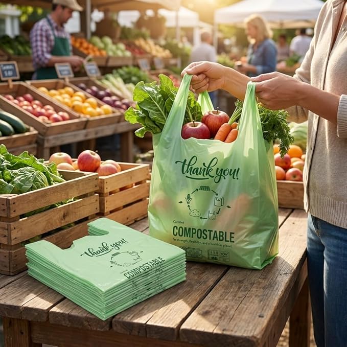 (Large) OrangeBio Certified Home Compostable Shopping Bags, 500ct, 12"x 6" x 20" (Extra Thick), Hold 20 lbs, Thank You/Grocery/Take Out/T Shirt/To-Go Bags for Retail, Grocery Store